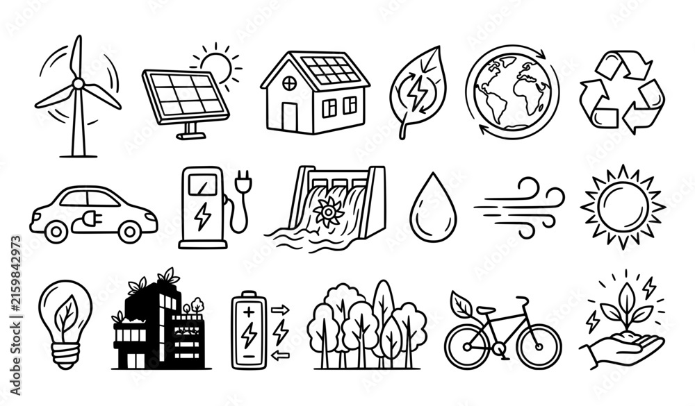 Naklejka premium Renewable Energy and Sustainability Illustration Pack – Eco Green Technology Doodle Vector Set