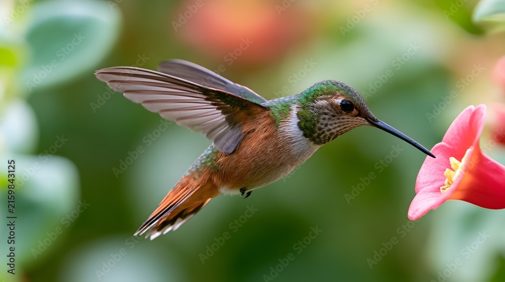 Naklejka premium A hummingbird hovers near a pink flower wings blurred in motion against soft green foliage
