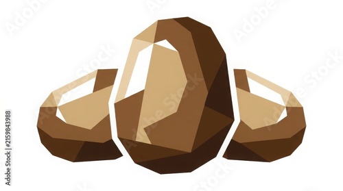 Nature - Three Low Poly Geometric Brown Stones Rock Formation Isolated on White Background