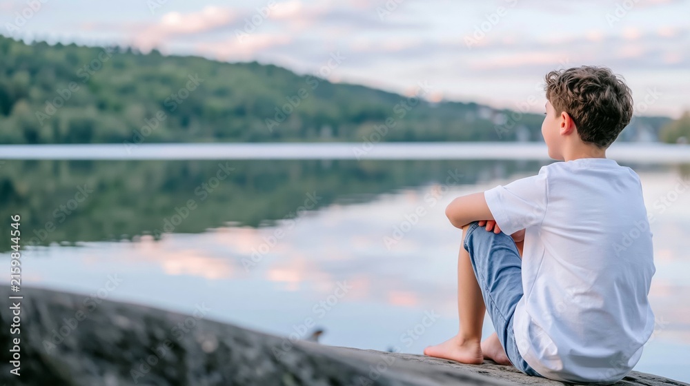 Fototapeta premium Young boy sitting barefoot at lake's edge, contemplating tranquil sunset over water, reflecting on nature's beauty