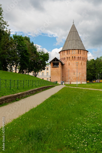City park and tower of the Smolensk Kremlin, Russia