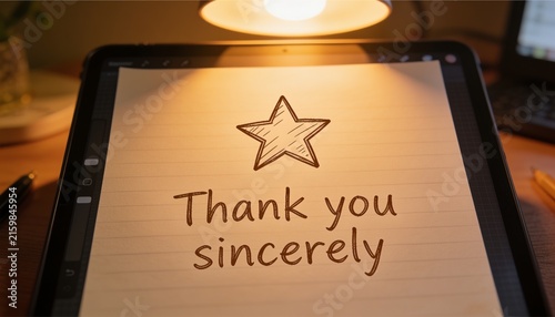 Displaying tablet showing star doodle and handwritten Thank you sincerely on wooden desk, with lamp
