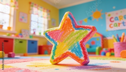 Displaying star-shaped crayon toy sitting on colorful playroom rug, with cubby bins and crayon cup
