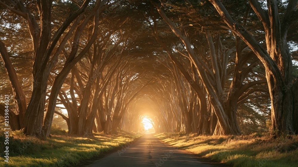 Naklejka premium Country road passing through a natural cypress tree tunnel, bright light glowing at end of the path