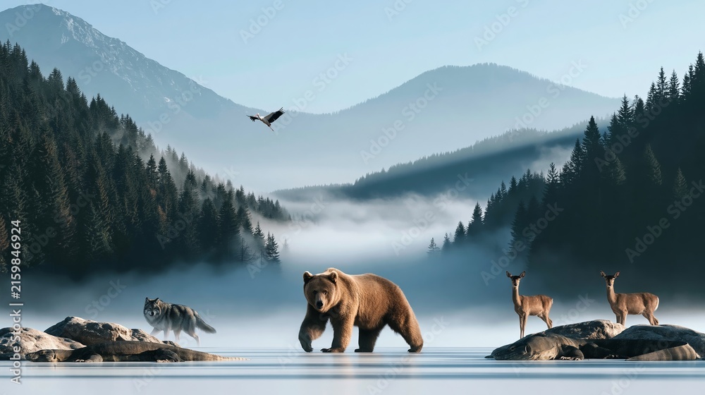 Fototapeta premium Wild animals gathering on a misty mountain plain, brown bear leading with wolf, deer, and flying eagle