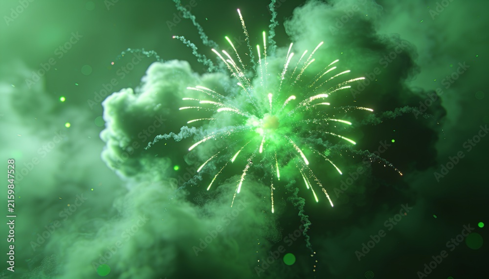 Fototapeta premium Exploding centered green firework burst sending bright trails across night sky, with smoke plumes