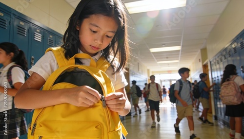 Unzipping Asian schoolgirl wearing white polo opening yellow backpack in hallway with blue lockers