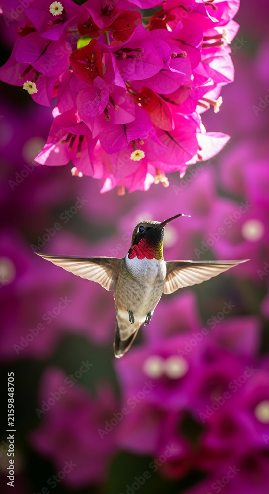 Naklejka premium A hummingbird hovers near vibrant pink bougainvillea flowers, showcasing nature's delicate beauty and aerial agility.