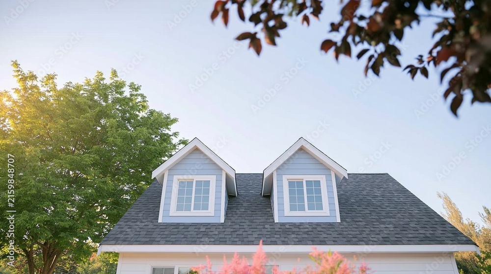 Fototapeta premium Suburban house roof with two light blue dormer windows, natural light illuminating modern residential architecture