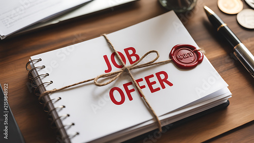 Job Offer Document Tied with Twine and Sealed with Red Wax on a Wooden Desk with Pen
