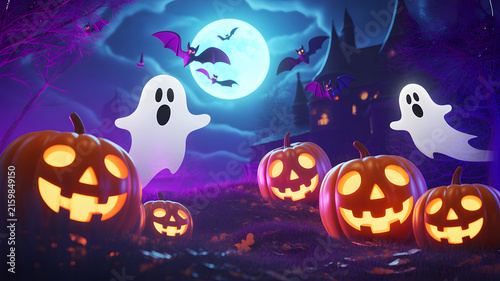 Spooky halloween scene with glowing jack o lanterns and ghosts under a full moon isolated on a transparent background