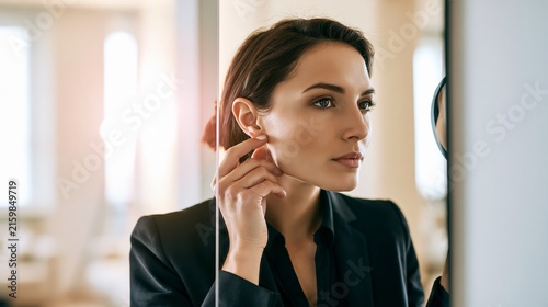 Young businesswoman adjusting earring, preparing for meeting in modern office, reflecting confidence and professionalism