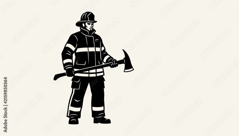 Obraz premium Black and white stencil illustration of brave firefighter in full protective gear holding rescue axe on light background.