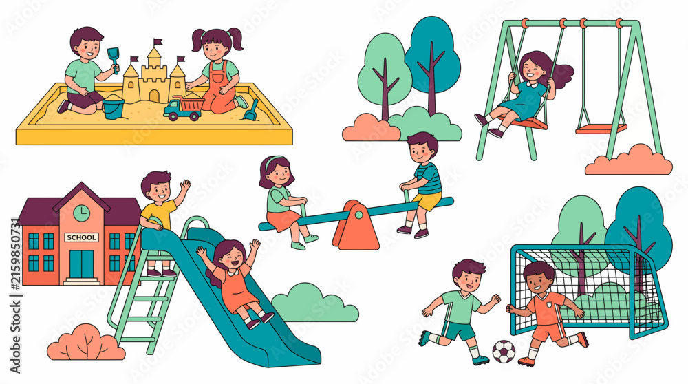 Naklejka premium Happy children playing in a school playground vector showing sandcastle building, swing riding and soccer playing, representing childhood happiness and active outdoor recreation
