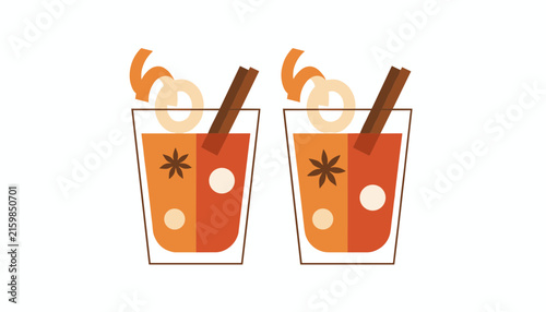 Two glasses of warm mulled wine decorated with orange peel, star anise, and cinnamon stick on a white background.