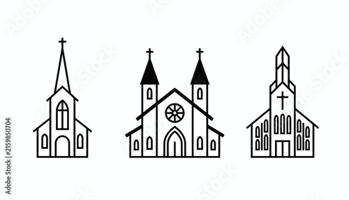 Collection of three different minimalist church building line icons with crosses on towers on white background.