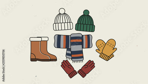 Set of cozy winter clothing items including knitted hats, striped scarf, boots, mittens, and gloves in flat design.
