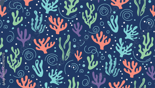 Seamless pattern with colorful seaweed and coral reef elements over a deep blue ocean background in flat style.