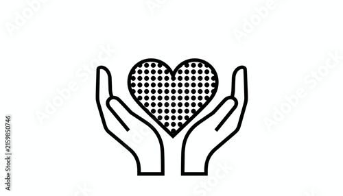 Conceptual line icon of two cupped hands protecting and holding a dotted heart symbol on white background.