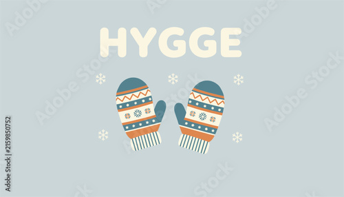 Scandinavian hygge winter design with cozy patterned mittens and snowflakes on a soft blue background.