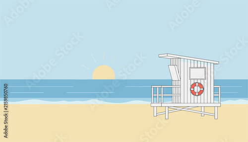 Serene beach landscape with a white wooden lifeguard tower on the sand during a beautiful ocean sunrise.