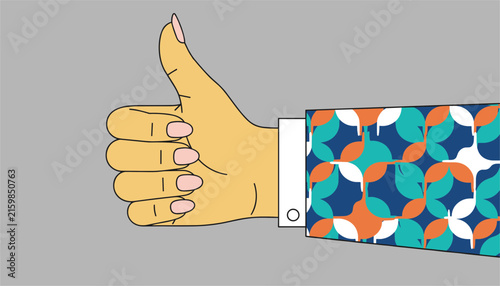 Hand of a businessman wearing a patterned blue sleeve showing a thumbs up gesture on a solid gray background.