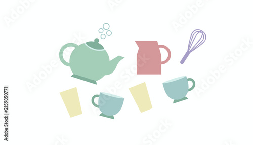Cute pastel colored collection of kitchen tea set elements including a teal teapot, mugs, a pink pitcher, and a whisk.