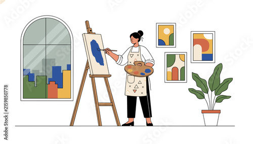Female painter working on canvas on easel inside her cozy studio filled with framed art prints and houseplants.