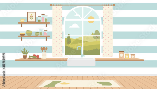 Cozy kitchen interior with light blue striped walls, white sink, wooden shelves with jars, and window overlooking hills.