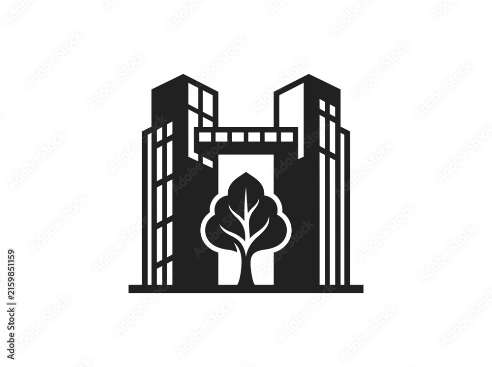 Obraz premium Minimalist Urban Landscape Icon Featuring Modern Skyscraper Architecture and Nature Integration for Sustainable City Development Design