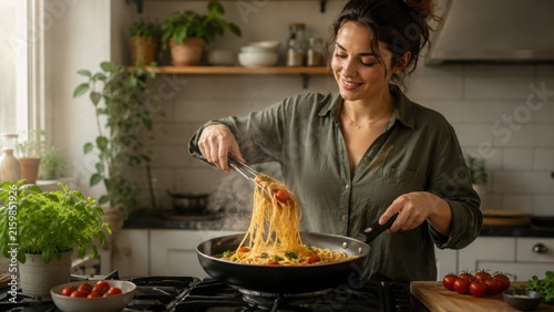 Woman cooking pasta in a black frying pan, holding tomatoes with tongs, surrounded by fresh herbs and plants in a modern kitchen setting with natural light