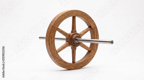Wooden wheel mounted on a steel axle, wheel and axle simple machine physics concept