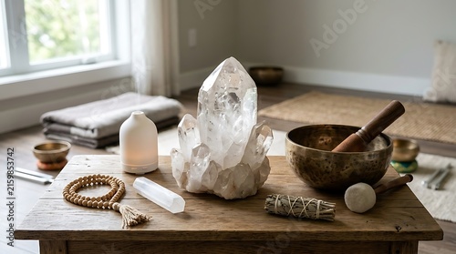 Zen Meditation Setup with Large Quartz Crystal and Singing Bowls