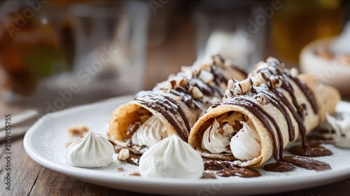 Sweet dessert crepes filled with cream and chocolate drizzle