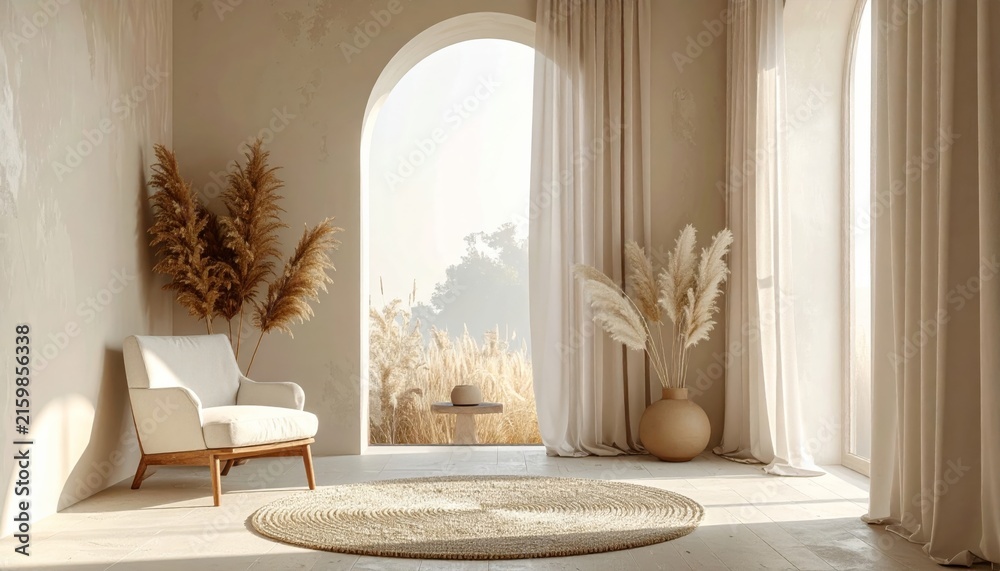 Fototapeta premium Elegant Church and Luxury Hotel Interior with Classic Architecture, Wood Furniture, Large Windows, Fireplace, Mirror, Curtains, and Sophisticated Decorative Lighting