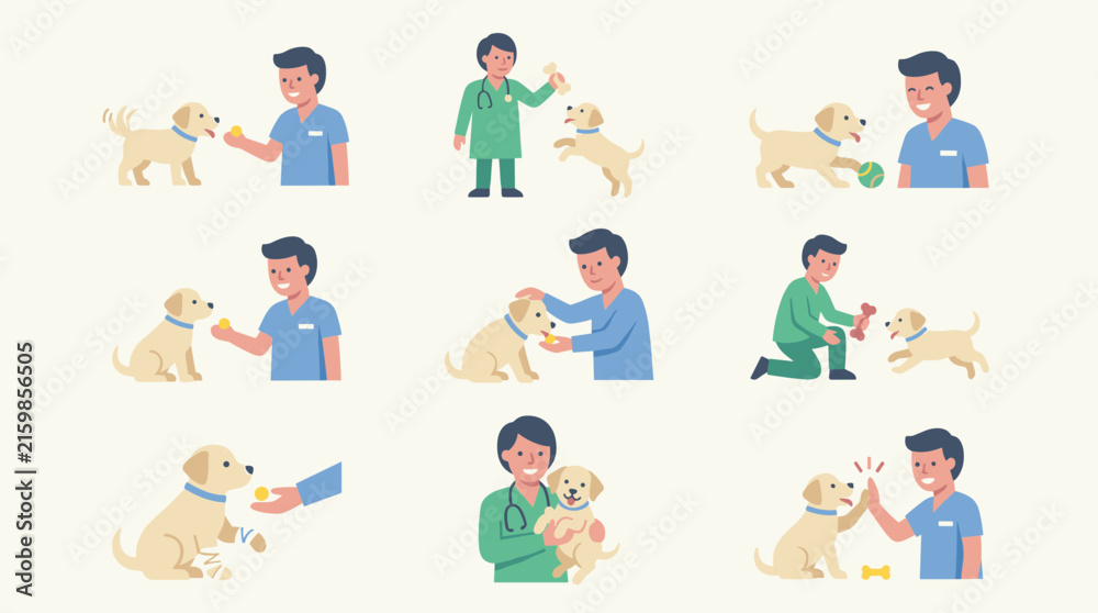 Fototapeta premium Flat design vector illustration icon set of a dog and person interacting, showing care and play