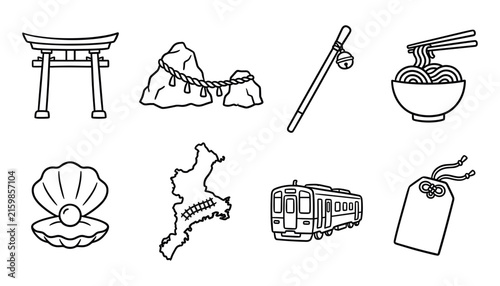 Japanese heritage and Mie prefecture tourism line icon set featuring torii gate noodles train rocks and omamori
