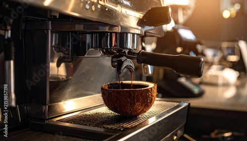 Brown ceramic cup on espresso machine.