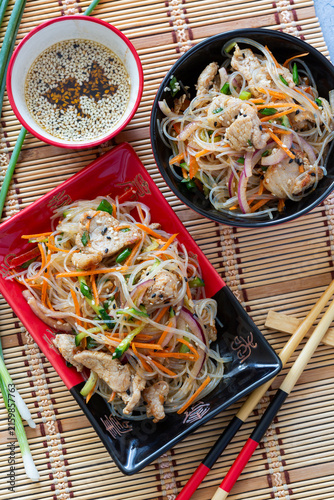 Stir-fried glass noodles with pork and vegetables.