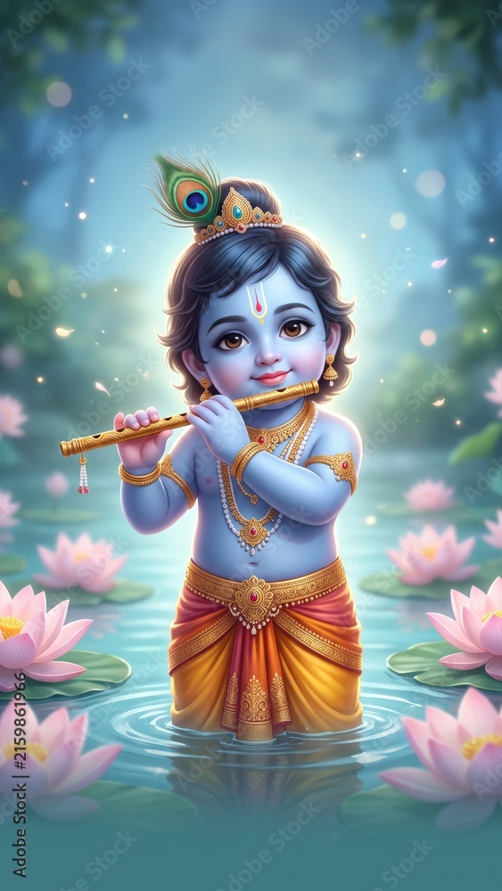 Fototapeta premium Baby Krishna Playing Flute in Lotus Pond – Cute Devotional Hindu Art 