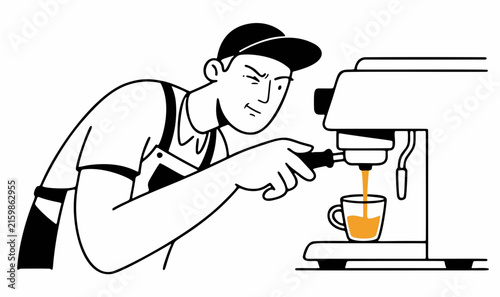 Obraz na płótnie doodle illustration of male barista watching espresso shot extract into demitass