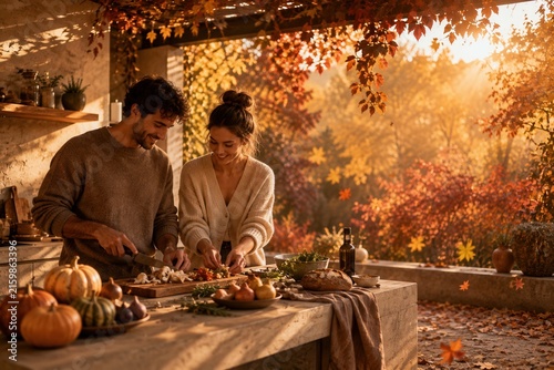 Warm autumn sun bathes a rustic kitchen scene