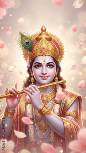 Lord Krishna Surrounded by Floating Flower Petals – Dreamy Devotional Art
