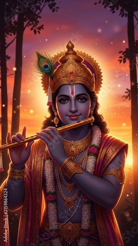 Lord Krishna at Sunset Among Trees – Dramatic Silhouette Devotional Art
