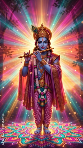 Lord Krishna with Colorful Rangoli Mandala – Vibrant Hindu Festival Art