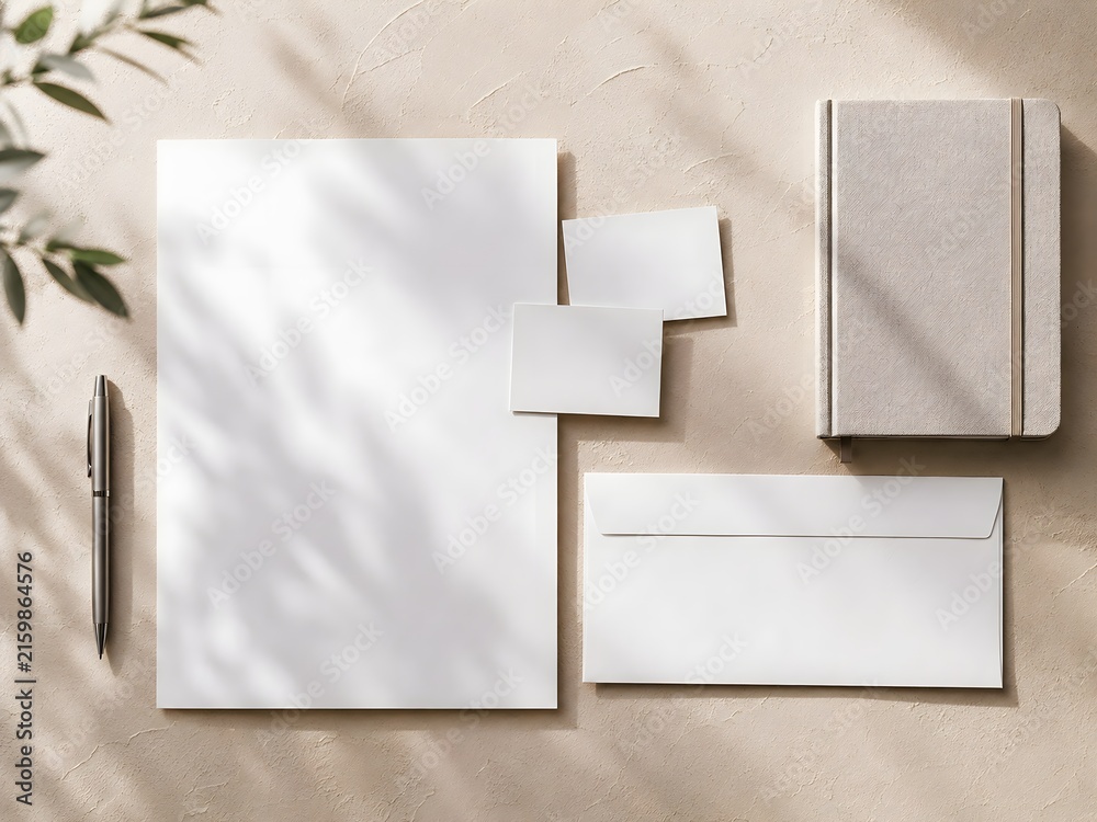 Fototapeta premium Stationery mockup with paper, envelope, business cards, notebook and pen