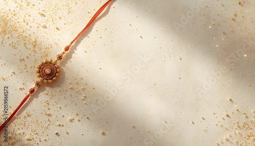 Raksha Bandhan red and gold rakhi flat lay on textured beige surface with glitter, elegant festive design