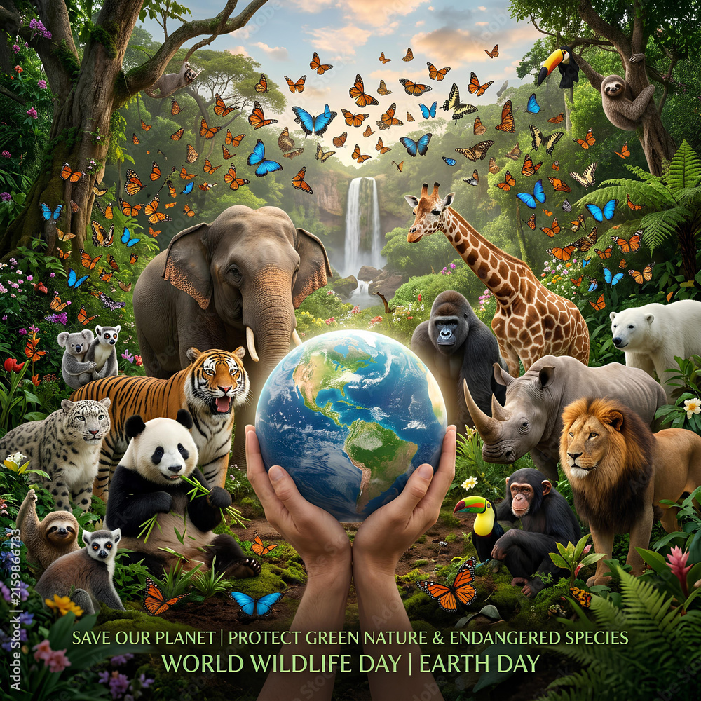 Naklejka premium Diverse wildlife surrounding hands holding a green planet.