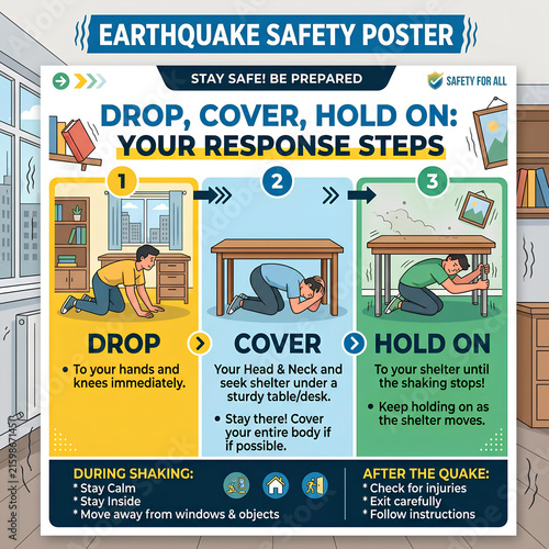 Earthquake safety poster with response instructions.