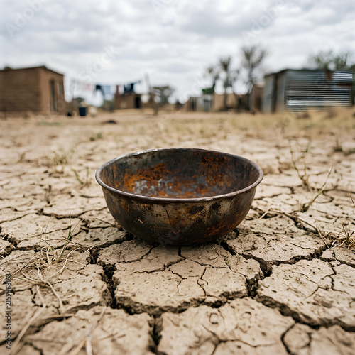 Empty metal bowl on dry cracked earth landscape.